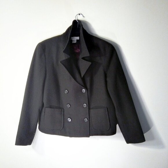 NYJeans Vintage Black100% Wool Boxy Double Breasted Cropped Pea Coat Jacket SzM - Picture 2 of 7